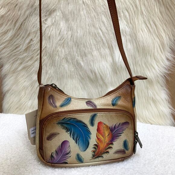ANUSCHKA Colorful Small Hand Painted Leather "FEATHERS" Zip Top Organizer XBody - Picture 13 of 16